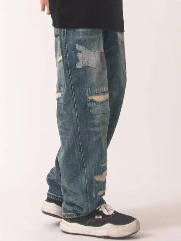 Men's Distressed Various Patch Decor Loose Jeans-1