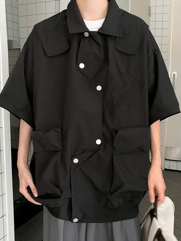 Men' Embroidery Big Pocket Snap Button Short Sleeve Blouse-3