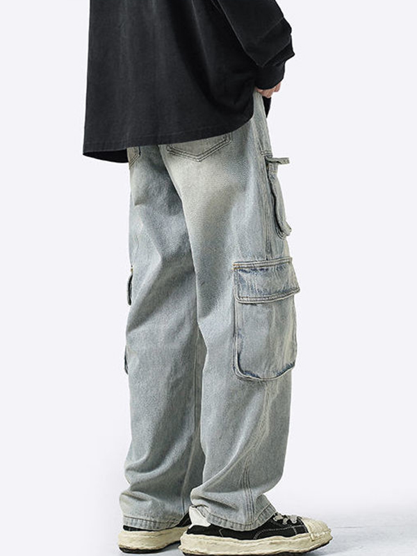 Men's Washed Distressed Pocket Design Cargo Jeans-1