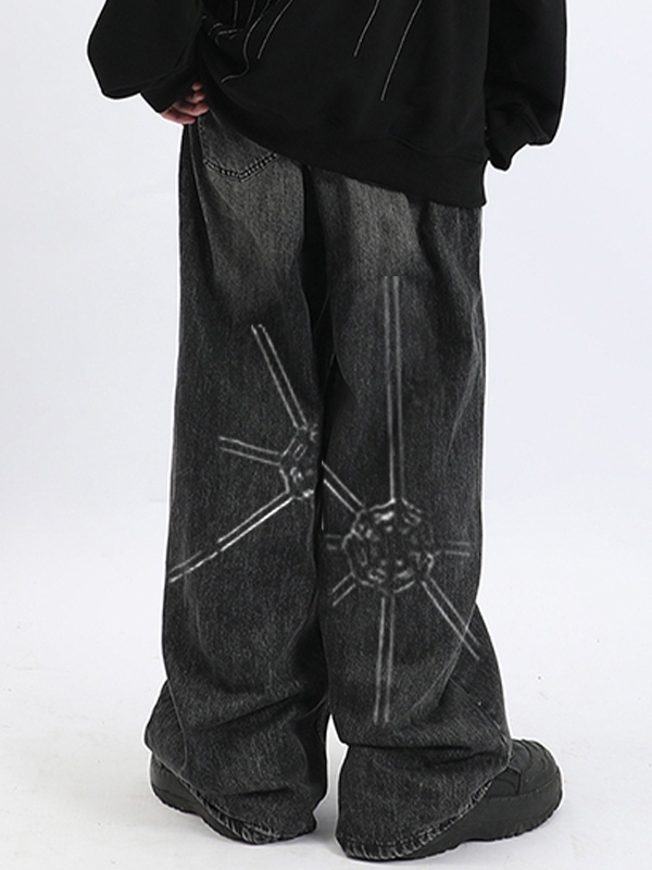 Men's Washed Spider Web Print Loose Jeans-1