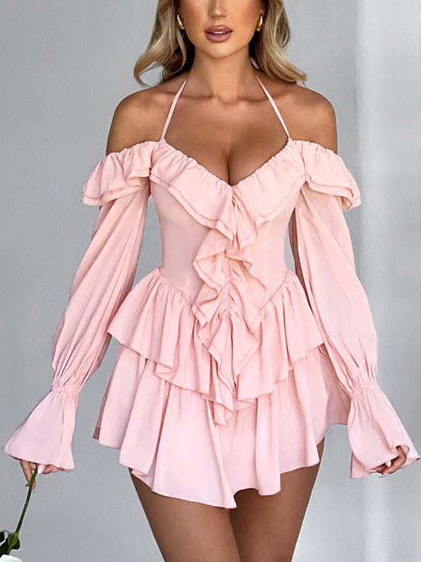 Solid Halter Ruffled Trim Mini Dress-1