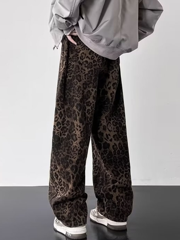 Men'S American Retro Niche Leopard Print Loose Jeans-3