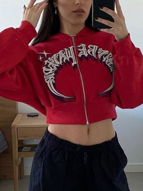 Gothic Print Zip Up Cropped Oversized Hoodie-2