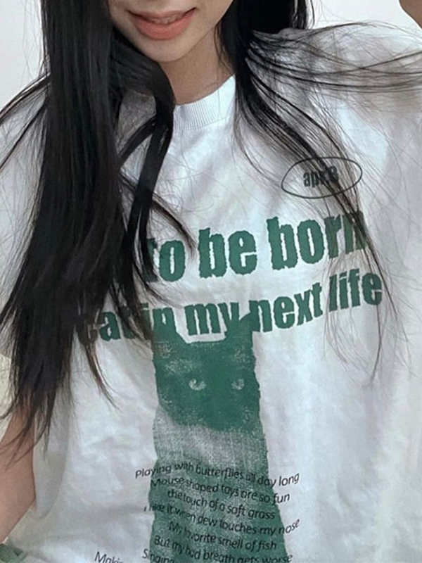 Cat Letter Print Oversized Short Sleeve Tee-2