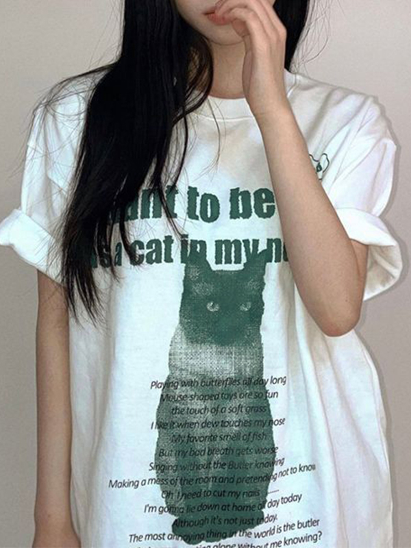 Cat Letter Print Oversized Short Sleeve Tee-1
