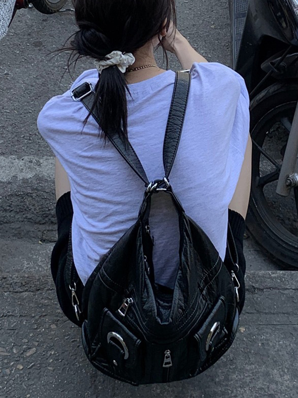 Zipper Metal Eyelet Decor Shoulder Bag-1