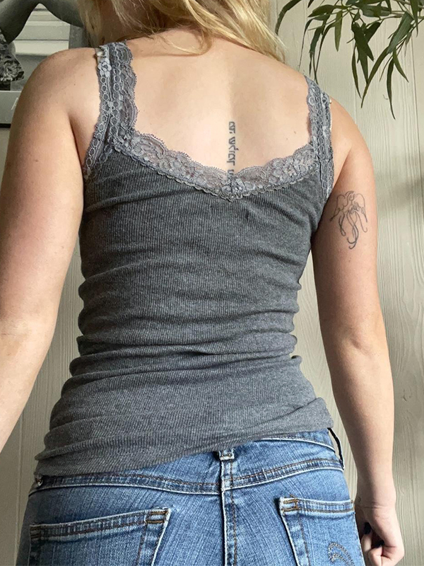 Skull Print Lace Trim Tank Top-2