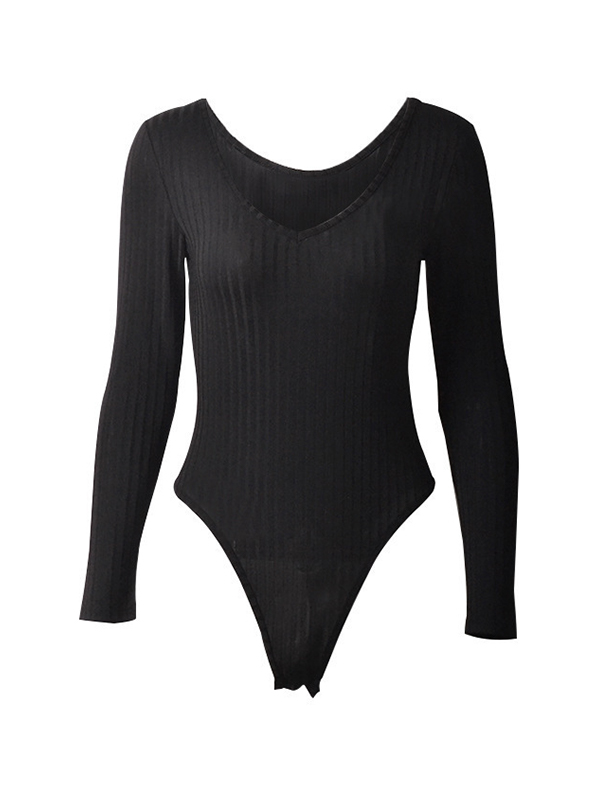 Solid Ribbed V Neck Bodysuits-1